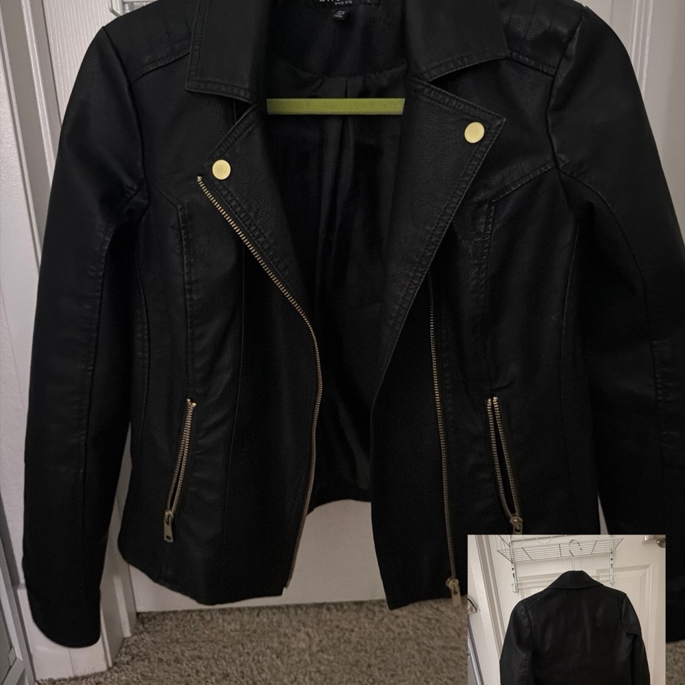 Baccini Black Faux Leather Jacket with Gold Zippers